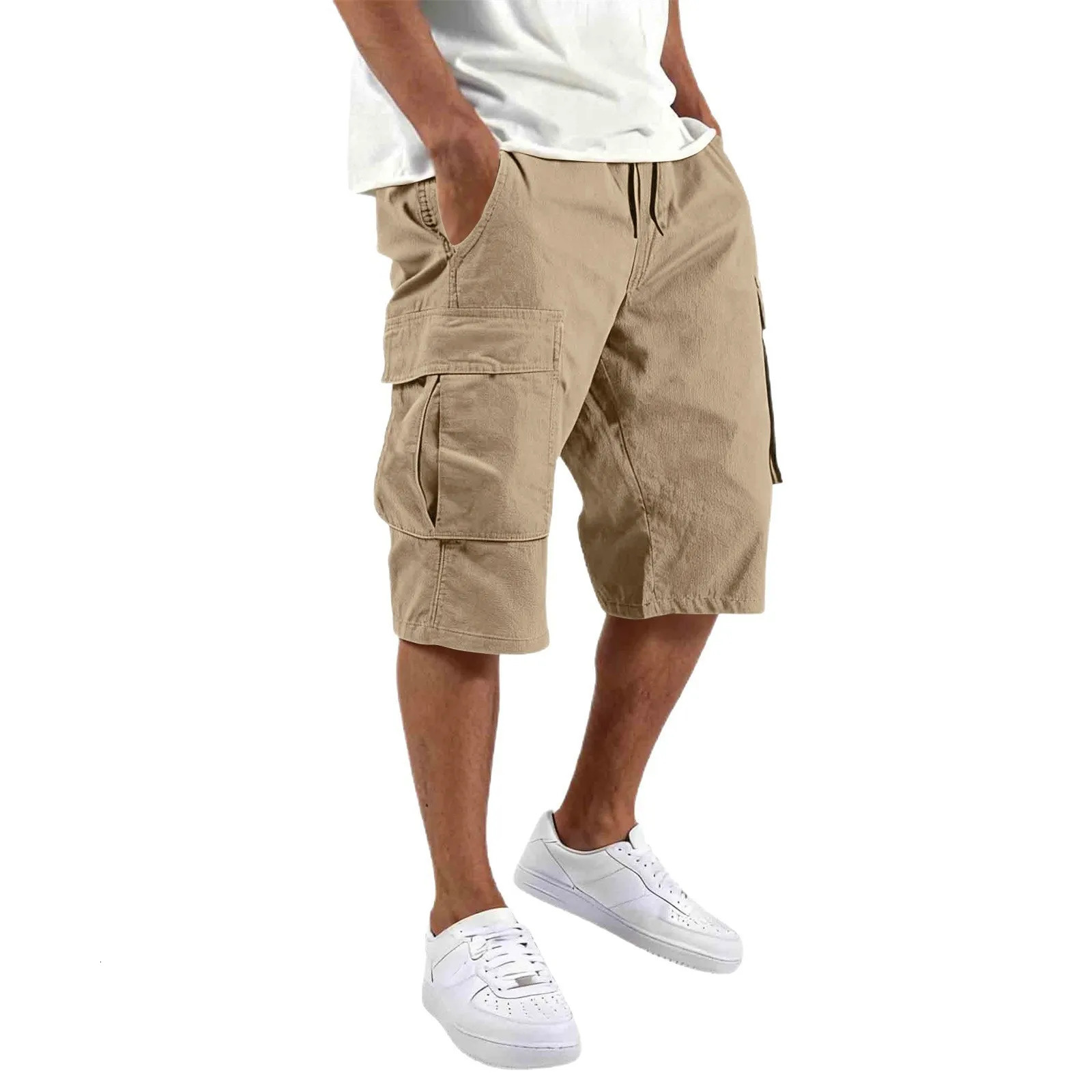 2026 Summer men loose straight pants Casual multi-pocket Shorts pure color fashion Men Shorts drawstring daily cargo short pants 260624