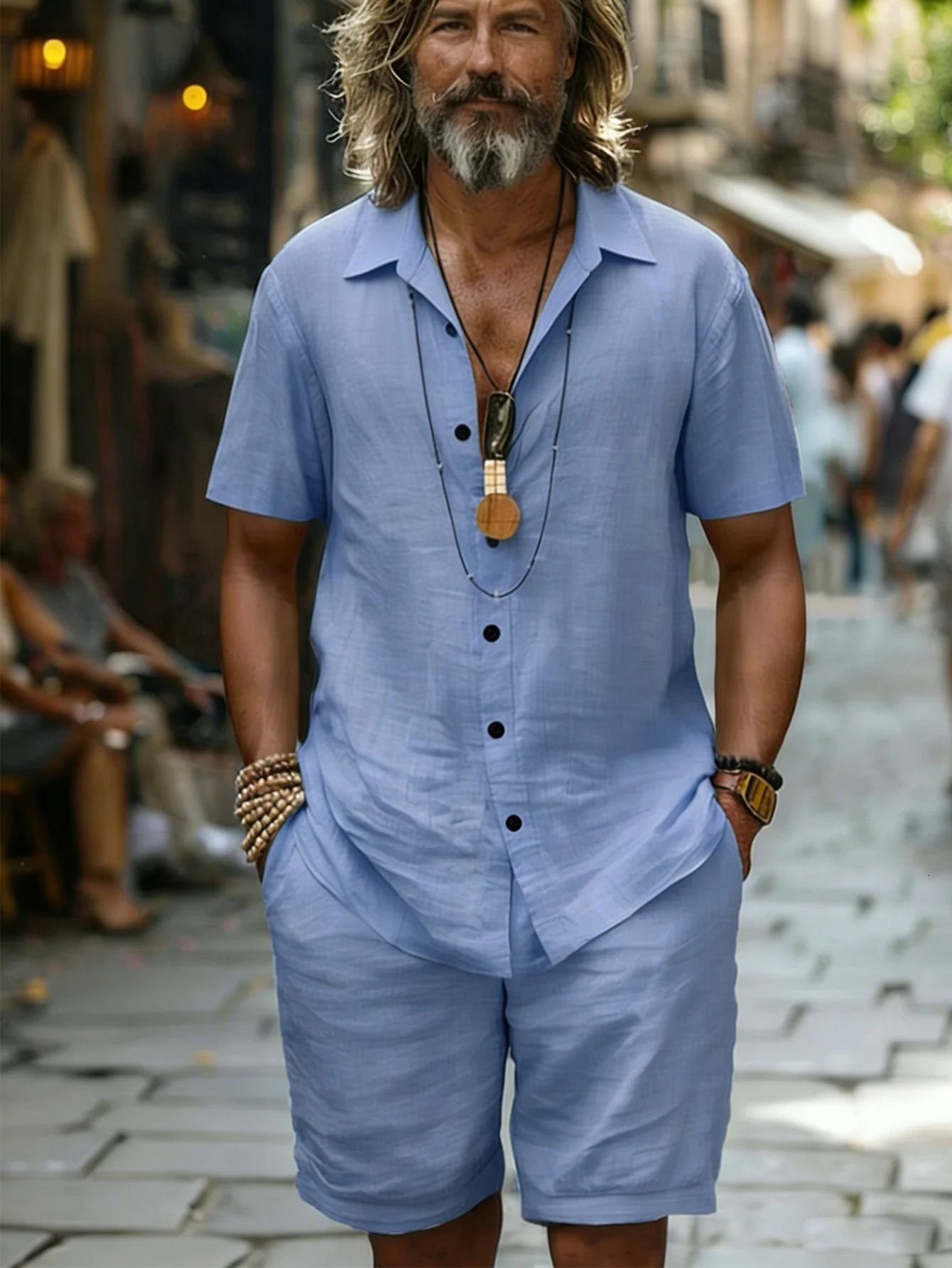 Mens Cotton100 Shirt Shorts Set Short Sleeve Light Blue Loose Fit Casual Summer Beach Vacation Daily Two-Piece Outfit 260622