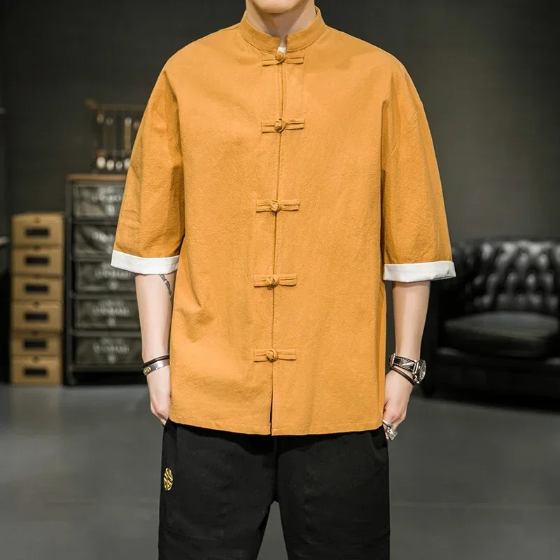 Japanese Style Shirt Mens Summer Chinese Stand Up Collar Yukata Kimono Samurai Wear Colour Blocking Tshirt Hanbok Casual Coat 260623