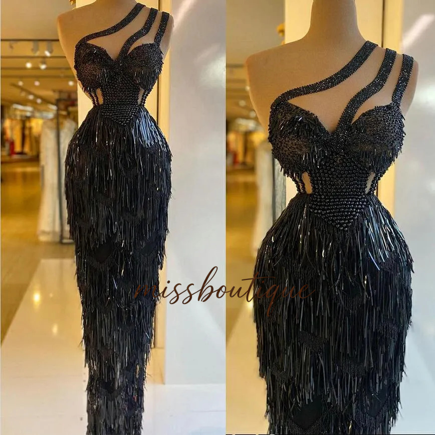 African Black Sexy One Shoulder Prom Dresses Sequins Beaded Tassel Mermaid Evening Gowns Woman Formal Party Birthday Dress Q624