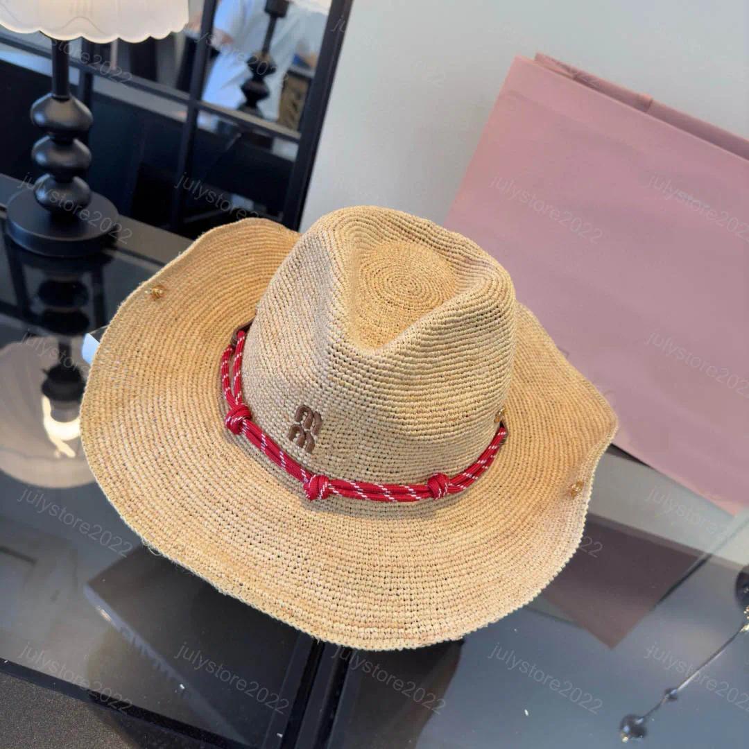 Designer Raffia Hats for Women Beach Hat Summer Cowboy Caps Straw Visor Cap with Red Rope Trendy Sunshade Dome Brief Visors Casquette Paille