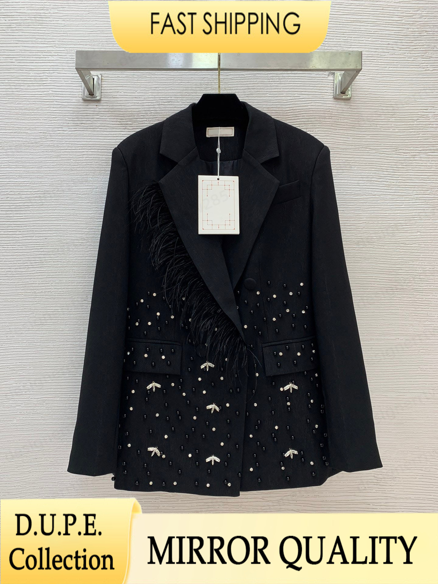 Designer Blazer Feather Luxury Brand Rhinestone Beaded Jacket Women Fashion Runway Black Crystal Embroidered Blazers Formal Coats Outfits Vestido-image-1111977811