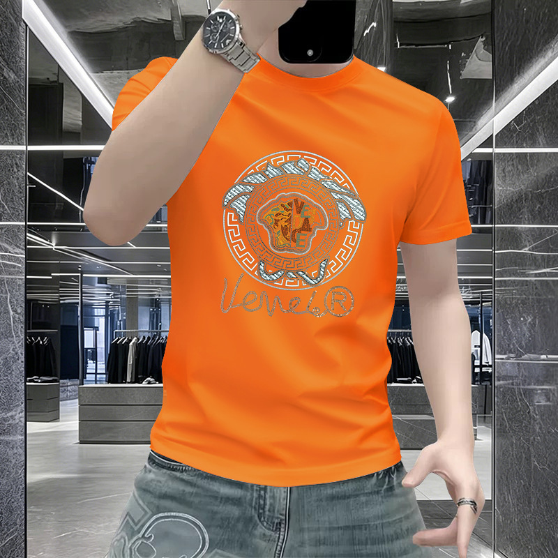 Mens Crew Neck Short Sleeve Tee Smooth Thin Fabric Circular Medusa Rhinestone Print Slim Fit Silhouette Four Bright Solid Tones Breathable Lightweig