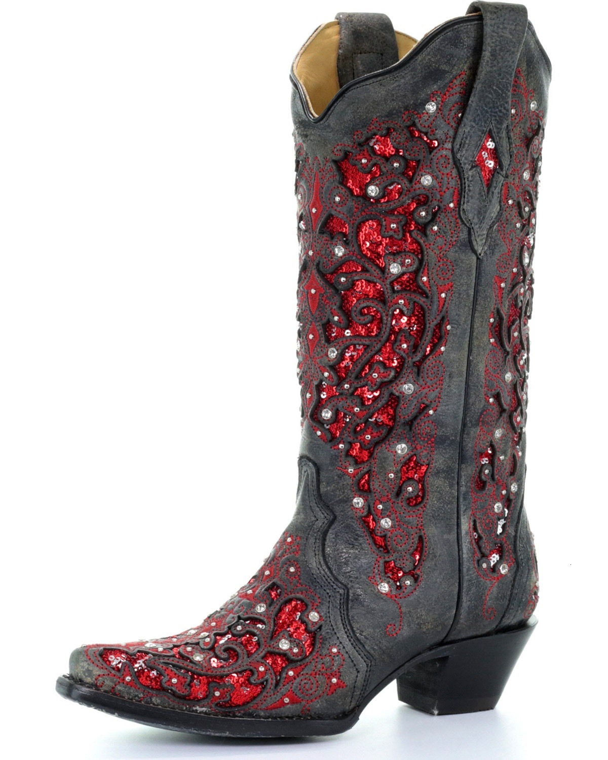 Pointed Snip Toe Cowboy Boots Floral Cutout Rhinestone Inlay Mid Calf Western Stacked Heel Boots For Women Party Concert Outfits Multi Colors