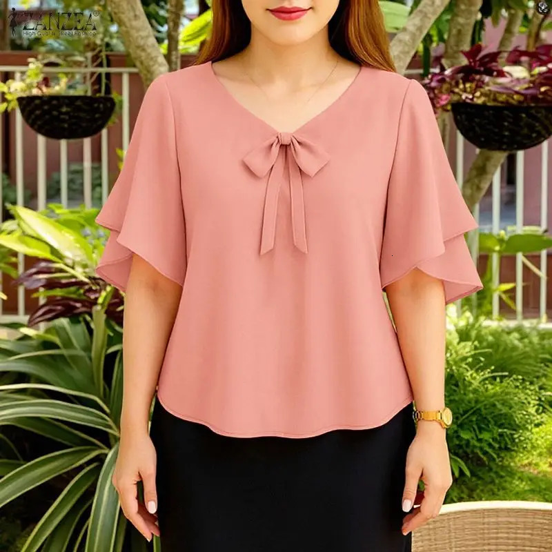 2026 Summer Blouse ZANZA Elegant Women V Neck Half Sleeve Tops Stylish Solid OL Work Shirt Mujer Casual Female Holiday Tunic 260623