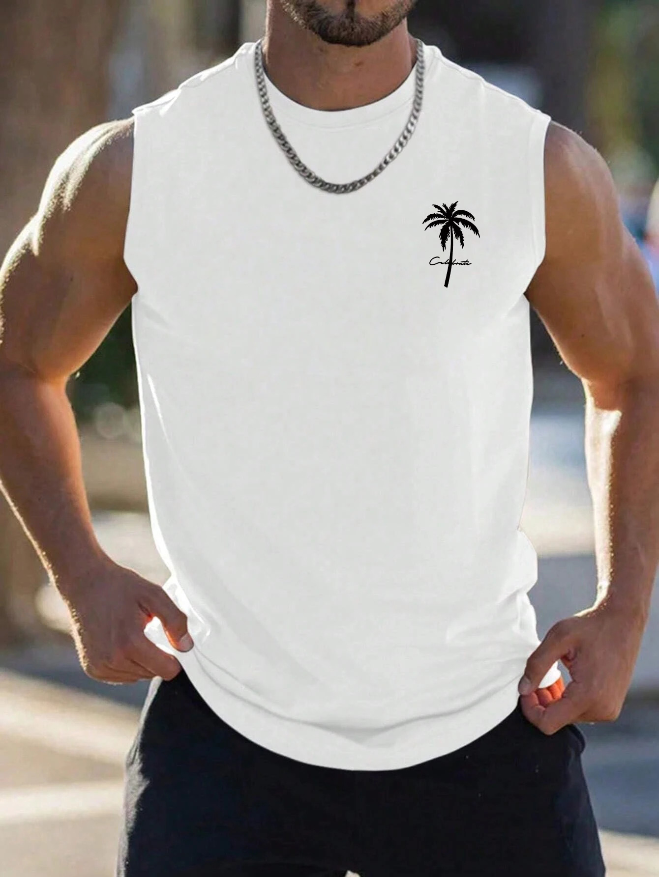 Mens 100 Cotton Coconut Palm Print Tank Top Casual Sleeveless Loose Fit Summer Streetwear Vest 260618