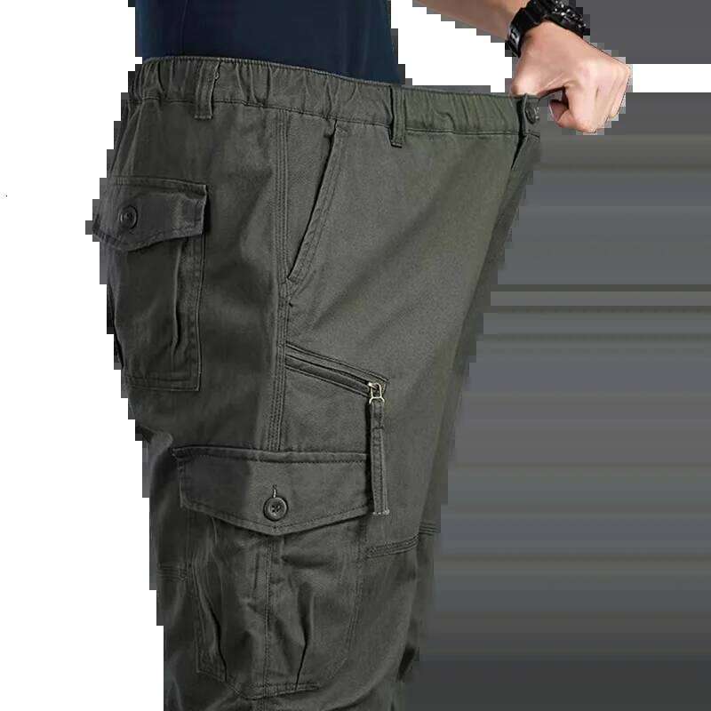 High Quality Men's Tactical Elastic Waist Cargo Large Size Cotton Multi-Pocket Trousers Sports Training Work Pants W260624