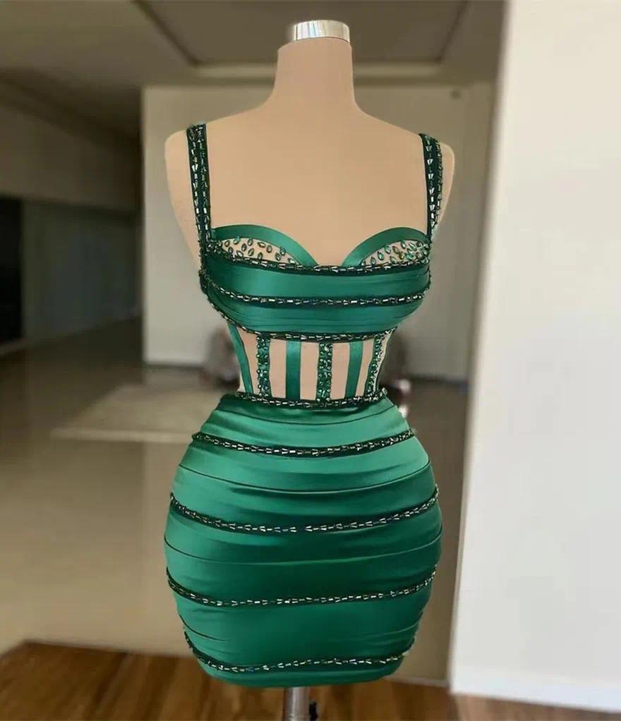 Cocktail Dresses Dark Green Crystal Prom Party Gowns New Custom Graduation Straight Sleeveless Satin Lace Up Pleat Beading custom made color/size