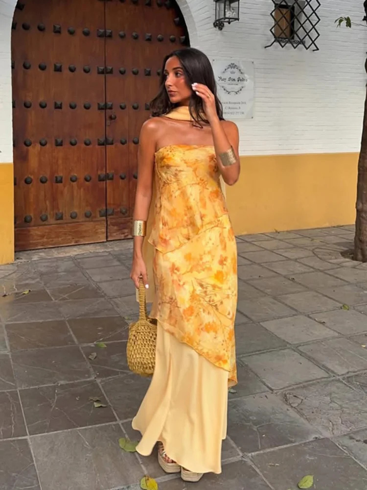 Floral Print Strapless Tiered Chiffon Maxi Dress Sleeveless Asymmetric Layered Summer Elegant Women Vacation Party Vestido 260623
