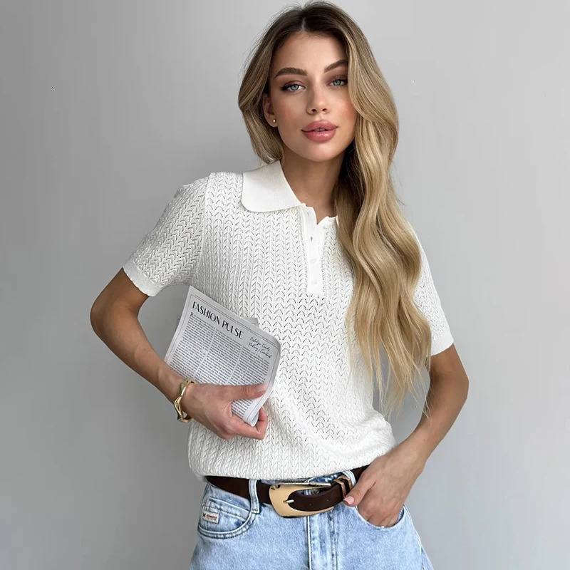 Typhaland Hollow Knitted T shirt Woman 2026 Summer Short Sleeve Casual Loose Lapel Ins Tops Lady Sweater Solid 260624