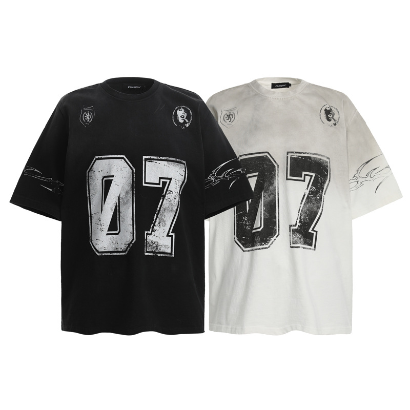 Vintage Washed Gradient Short Sleeve Jersey T Shirt Men American Streetwear Brand Letter Print Loose Fit Crew Neck Half Sleeve Casual Tee Plus Size