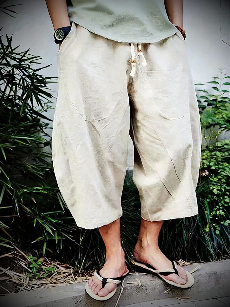 Pantalones cortos informales de lino y algodón para playa de verano, pantalones Capri holgados de pierna ancha japoneses para hombre, pantalones cor