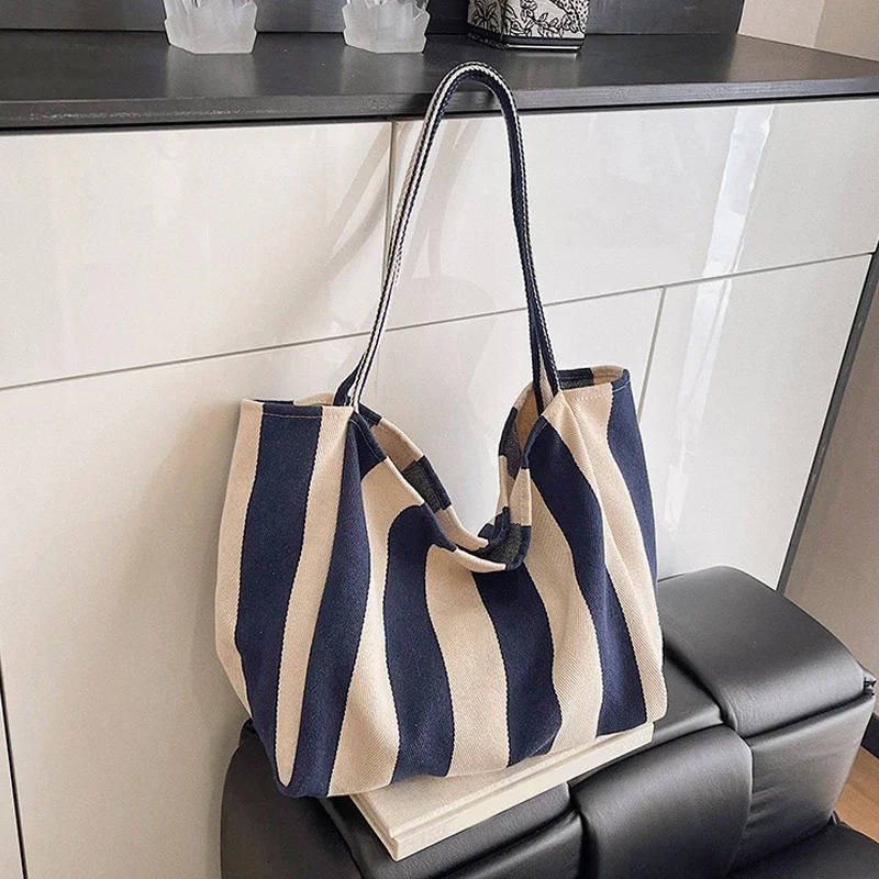 Large Capcity Korean Style Stripe Canvas Tote Bag Female Casual Simple Shoulder Bags Shopping Handbag Daily Totes Bag 260623