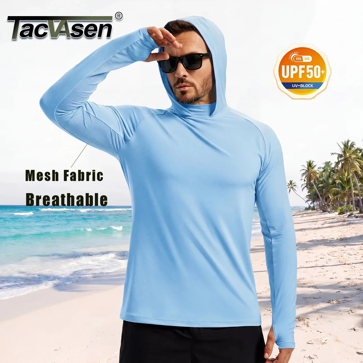 TACVASEN Mens UPF 50 Hoodie Fishing Shirts Long Sleeve High Collar Mesh UV Sun Protection Rash Guard Swim Beach Running Hiking 260624