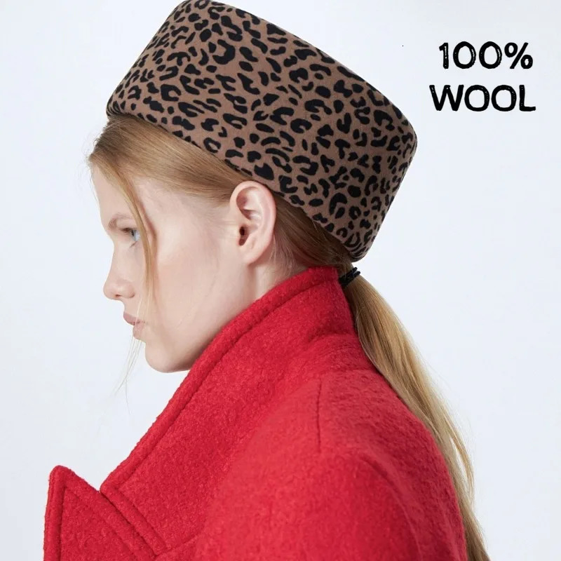 Retro Leopard Print 100 Wool Felt Fedoras Hat for Women Bread Pumpkin Berets Winter Ladies Ins Blogger Painter Pillbox Hat 260624