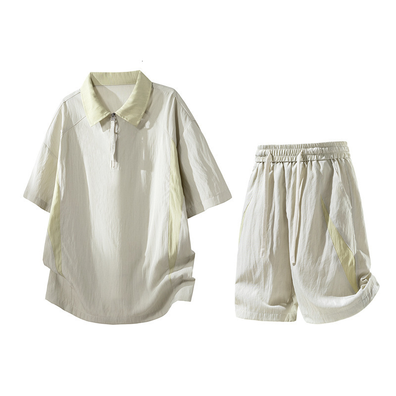 Sportswear T Shirt Shorts Plus-Size Faux Linen Patchwork Color-Block Suit Men Short-Sleeved Polo Shirt Shorts Lightweight And Breathable Two-Piece S