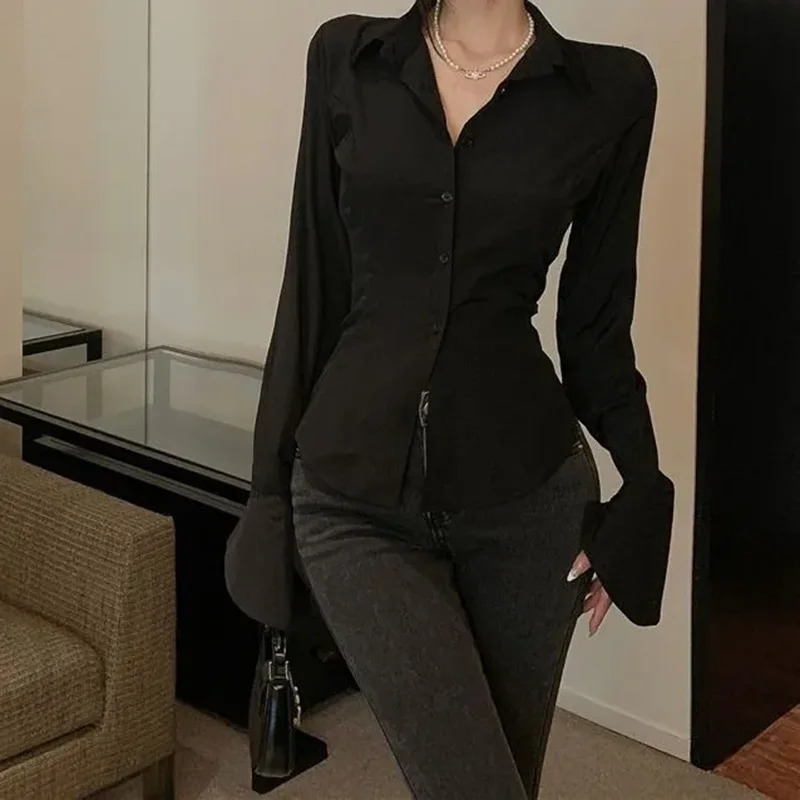 Black Bell Sleeve Top Vintage Blouses Corset White Shirt Women Long Gothic Lolita Flared Korean Style Sexy Blouse 260623