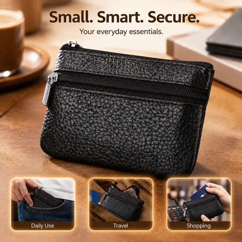 Genuine Top Layer Cowhide Pouch Korean Style Zipper Wallet Mini Coin Purse Portable Outdoor Bag for Women Hold Bus Card Keys 260624