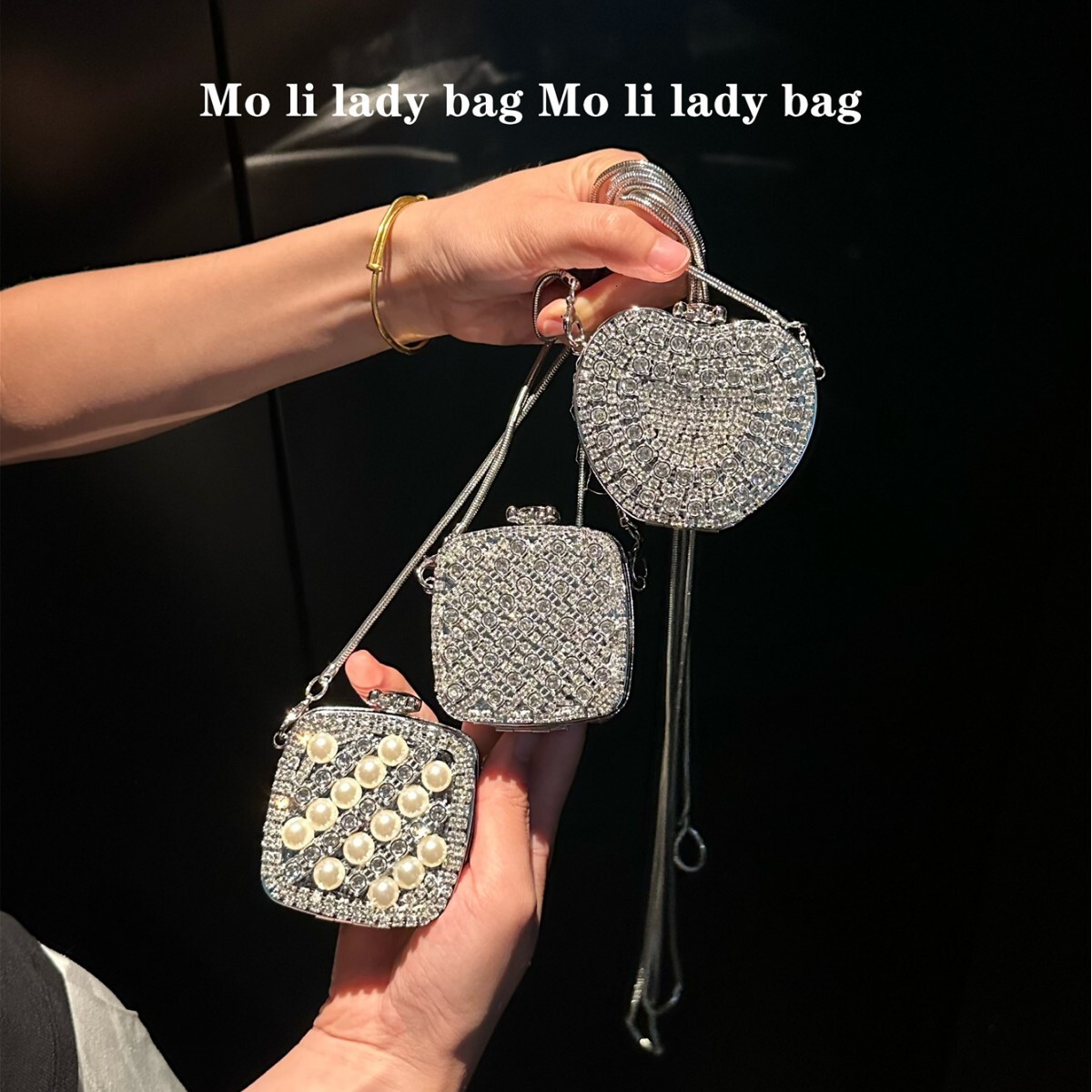 High quality Palm-sized Style Concave Shape Light Luxury Sparkling Diamond Decorated High-end Feel silver Mini Evening Bag
