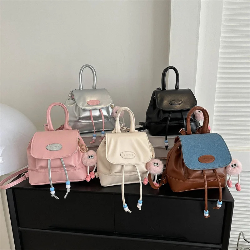 High End Silver Contrasting Color Backpack Small Backpack Womens Soft Leather Ins Niche Minimalist Casual Backpack Decoration 260624