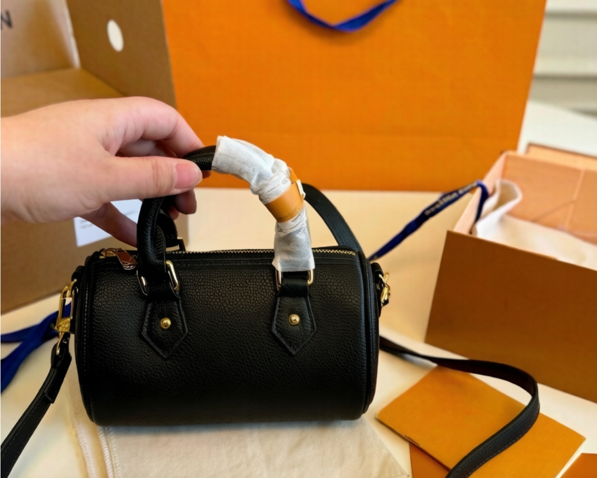 Embossed Grained Leather Mini Cylindrical Boston Pillow Bag Adjustable Detachable Crossbody Shoulder Handbag