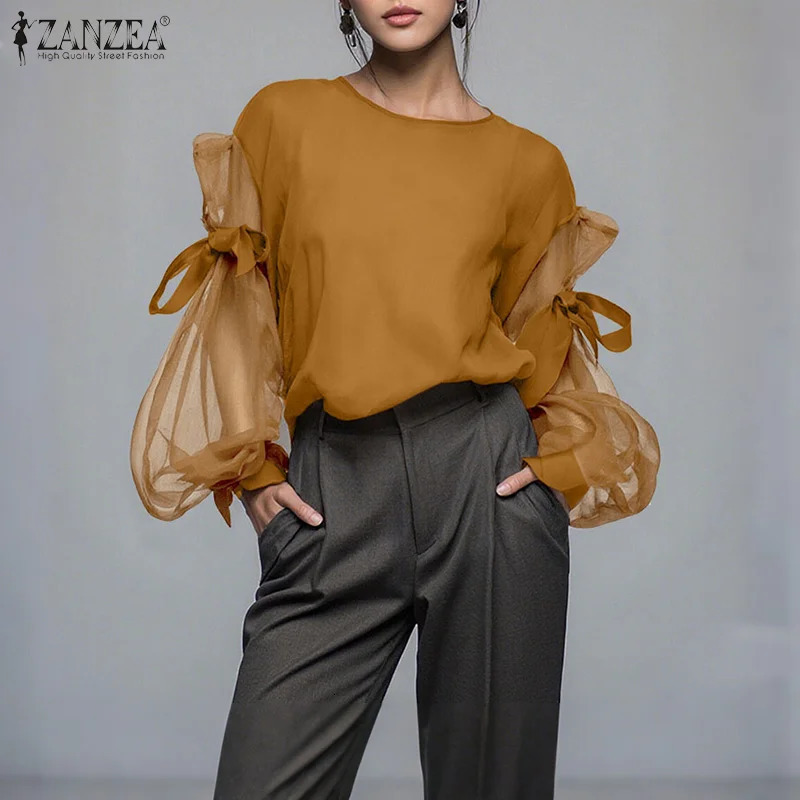 ZANZEA Elegant Women Blouse 2026 Fashion Bow Mesh Patchwork Long Lantern Sleeve Casual Tops Autumn Shirts Korean Ladies Blusas 260623