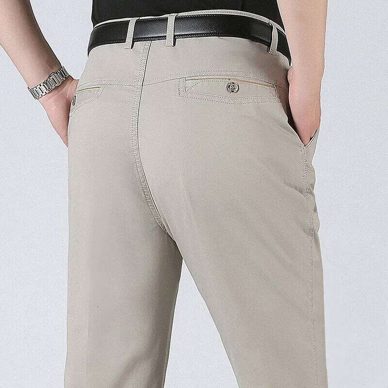 Spring Summer Mens Suit Pure Cotton Business Casual Loose Straight Trousers Khaki Beige Black Formal Dress Pants W260624