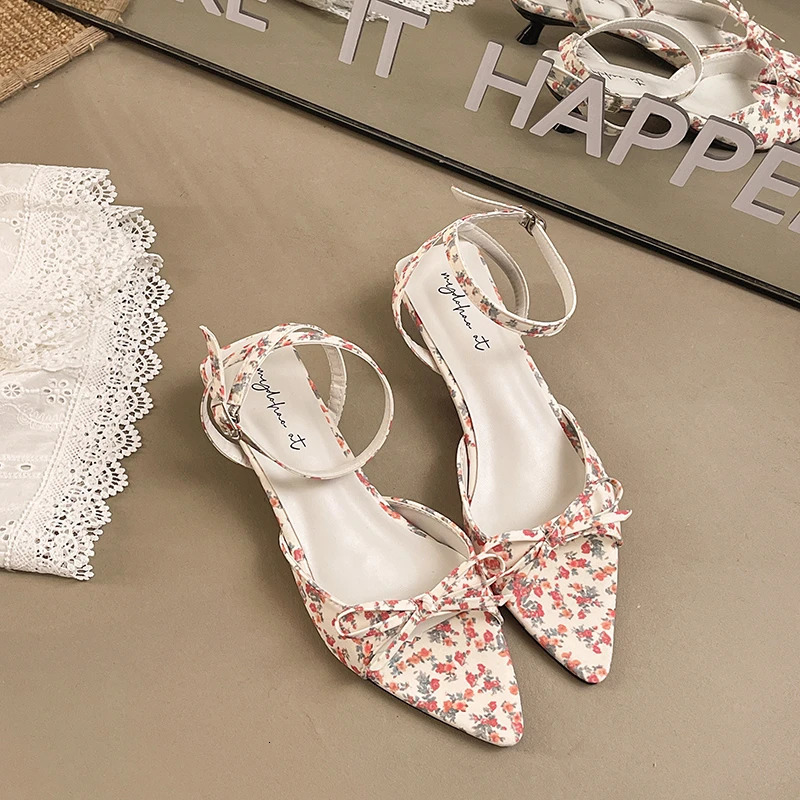 Summer Womens Low-Heel Buckle Sandals Fashionable Bow Pointed Toe Shoes Style Womens Banquet Party Slingback Shoes 260623