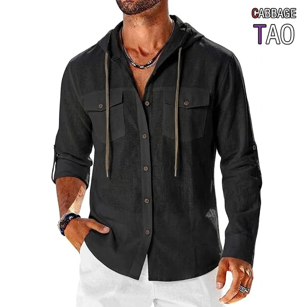 Mens Casual Cotton Linen Henley Shirt Long Sleeve Tshirt Lightweight Hooded Top Button Beach Tee Hawaiian Shirts for Men 260617