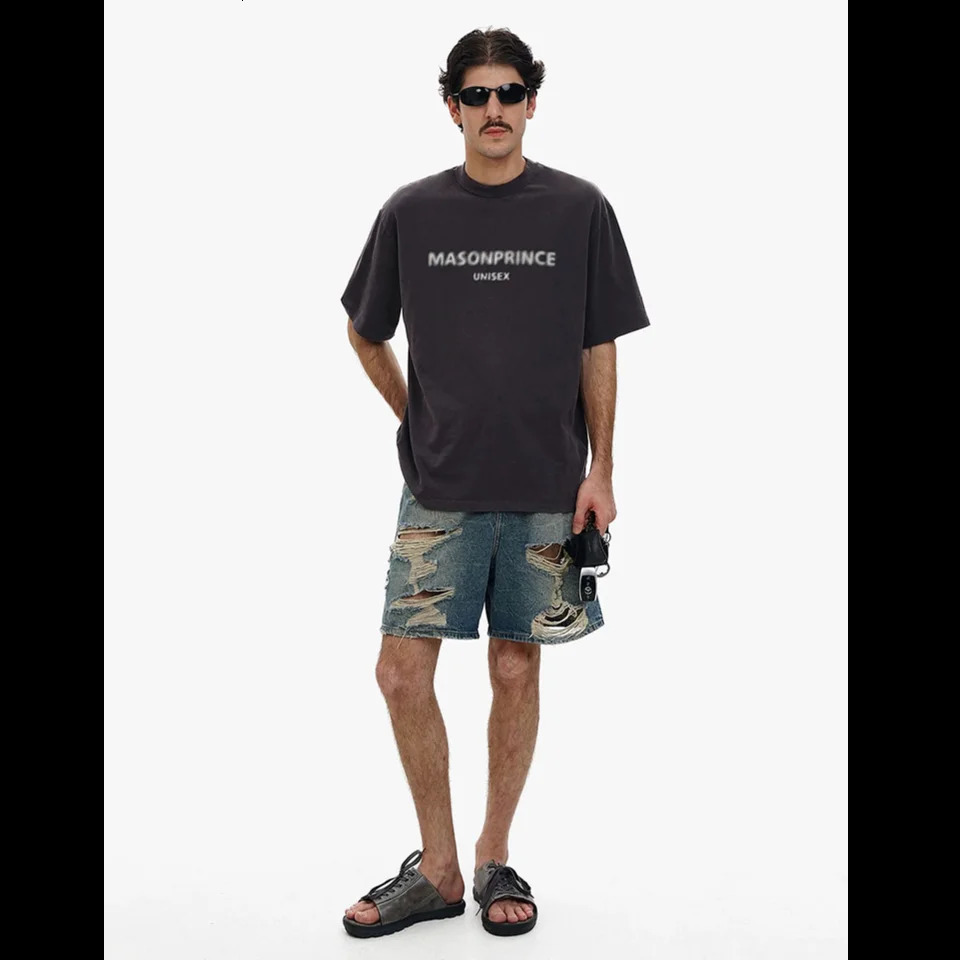 Mens summer denim shorts European and American high street retro distressed loose with holes 260613