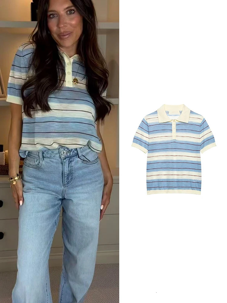 TFMLN Camicia maglione lavorato a maglia per donna Pullover manica corta estiva colletto rovesciato top sottili a righe abbigliamento per il tempo l