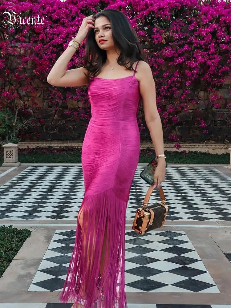 VC Womens Pink Fringe Midi Dress Sexy Spaghetti Strap Bodycon Party Dress Sleeveless Tassel Hem Cocktail Evening Outfit 260623