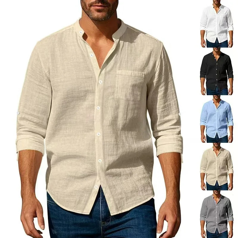 Cotton Linen Shirt for Men Henley Neck Solid Color Lightweight Breathable Slim Fit Single Breasted Long Sleeve Button Up y260617