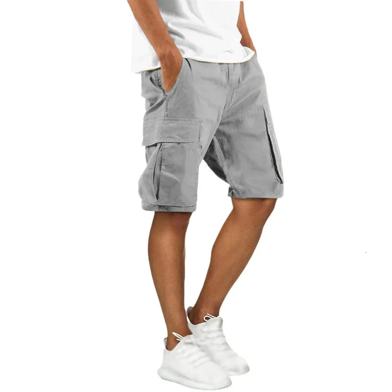 2026 Summer men loose straight pants Casual multi-pocket Shorts pure color fashion Men Shorts drawstring daily cargo short pants 260623