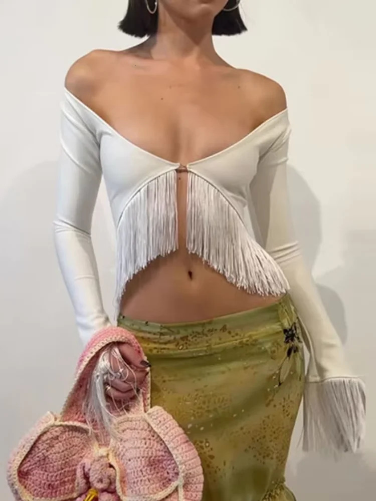 Sexy Solid Women Top Deep V Neck Fringe Irregular Hem Long Sleeve Off Shoulder Crop Tops 2026 Summer Fashion Chic Party Outfits 260623