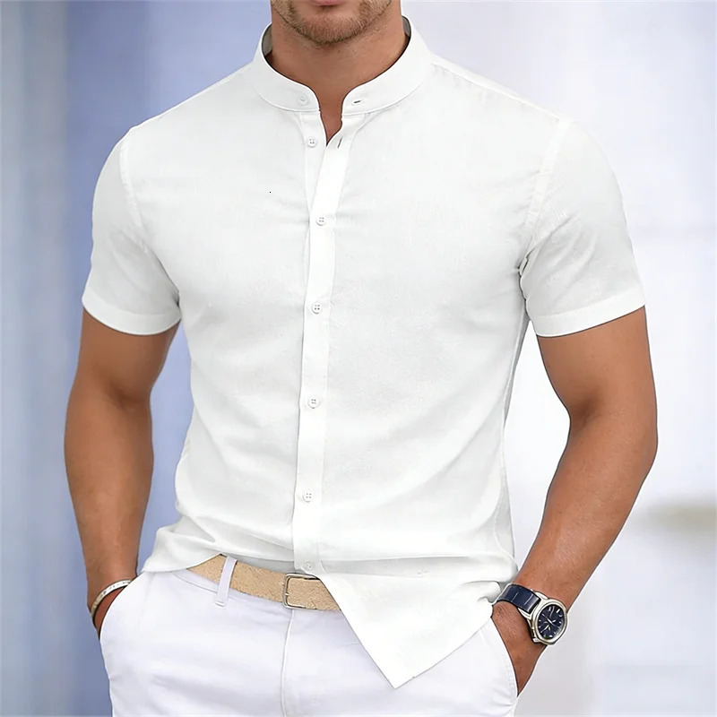 Mens stand-up collar short-sleeved shirt white or black solid color shirt slim fit business casual mens top sizes XS-6XL 260623