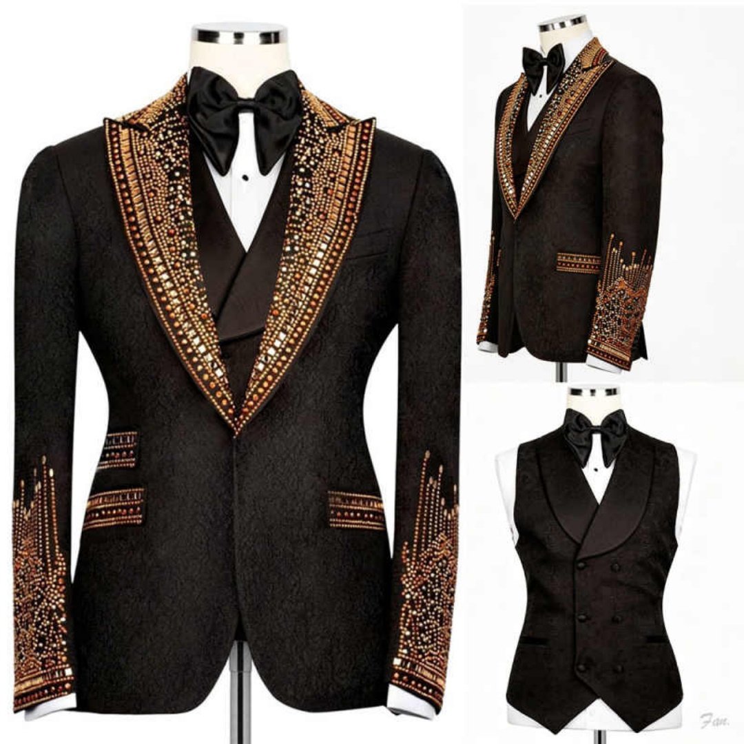 Sparkly Jacquard Beads Men's Suit 3 Pieces Peaked Lapel One Button Prom Blazers Customized Groom Wedding Tuxedos