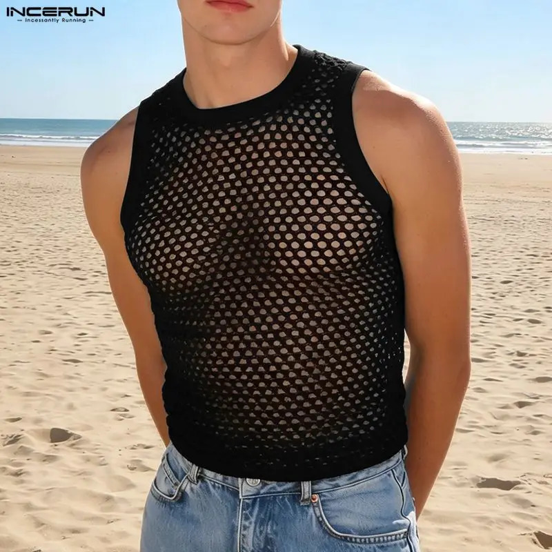 INCERUN Mens Tank Tops Hollow Out Mesh O-neck Sleeveless Male Vests Summer See Through 2026 Streetwear Fashion Sexy Men Clothes 260623