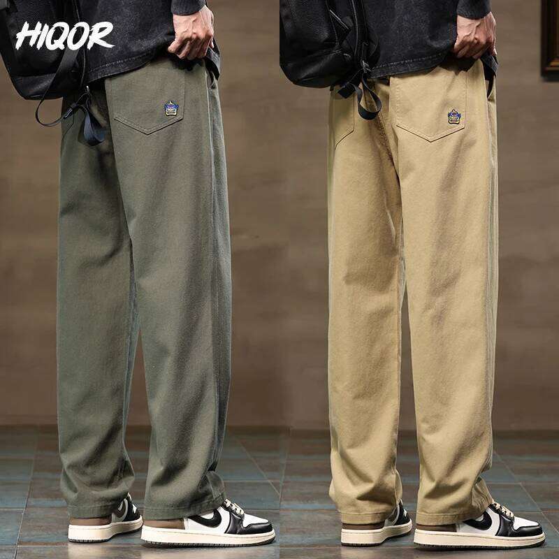 HIQOR Casual moda Jogger pantalón suelto recto ancho pierna pantalones algodón Vintage Cargo pantalones hombre ropa de calle firme hombres W260624