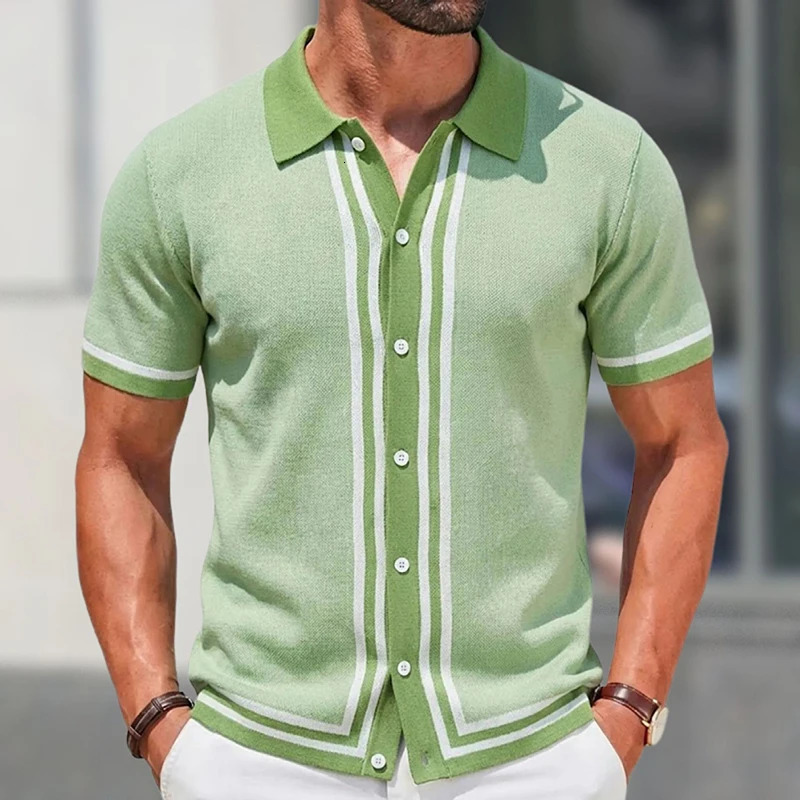 Summer Men Knitted Cardigan Polo Shirts Short Sleeve Striped Jacquarded Business Shirts American Retro Premium Quality Knitwear 260623