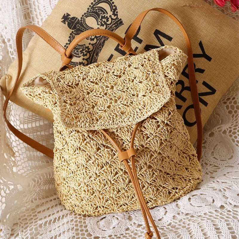 Summer Straw Backpack Bag for Women Woven Handmade Handbag Large Capacity Lady Tote Vacation Beach Bag Shoulder Crossbody Bag 260624