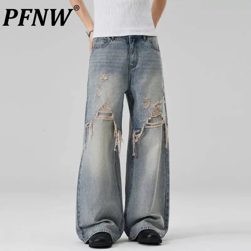 PFNW Patchwork Ripped American High Street Jeans Mens Fashionable Washed Loose Straight Leg Pants 2026 Summer 28L2965 260618