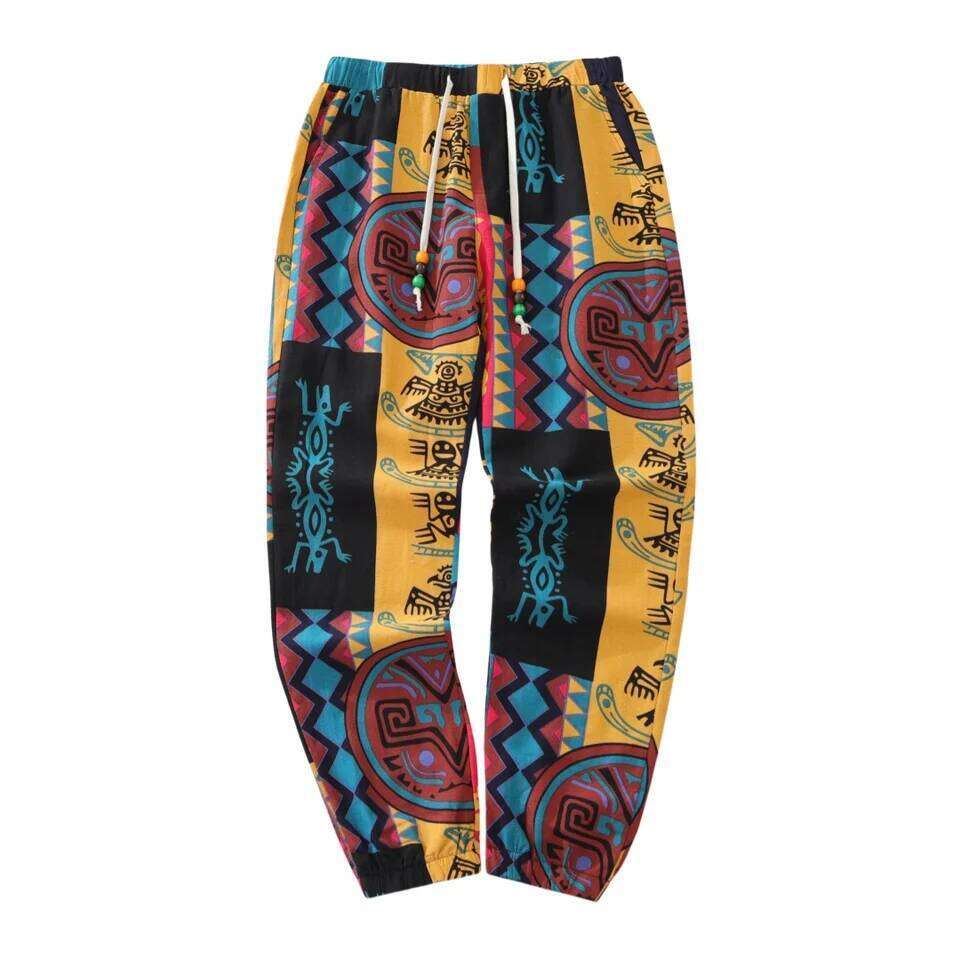 Mens Boho Tribal Print Stretch Linen Pnats Cotton Blend Drawstring LightWeight Trousers with Pockets Summer Jogger Pants W260624