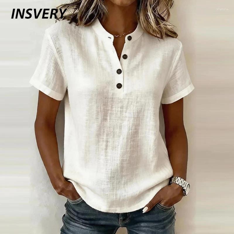 Women's Blouses Summer Short Sleeve Basic Shirts Solid Color V Neck Button Women Casual Cotton Linen Loose Tops Pullover