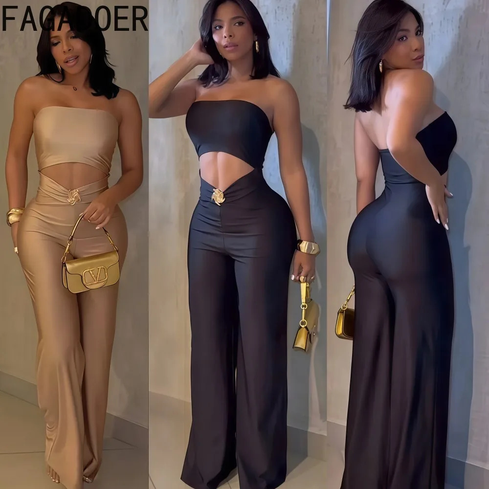FAGADOER Sexy Hollow Out Bodycon Jumpsuit for Women Solid Color Sleeveless Backless Rompers Female Streetwear Overalls 260624