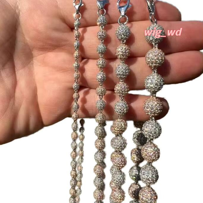 925 Sterling Silver Fine Jewelry Necklace Hiphop Rosary Ball & Iced Moissanite Two-Tone Cuban Link Chain