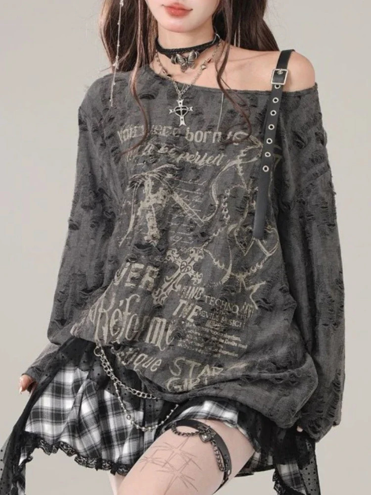 Autumn Gothic Grunge Dark Hollow Out T Shirt Women Harajuku Hollow Out Off Shoulder Sexy Tees Female Punk Letter Print Tops 260623