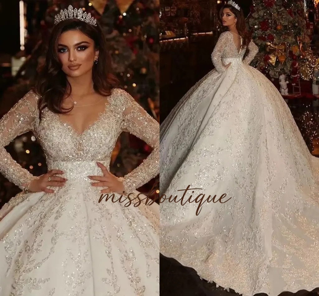 Glitter Sequined Lace Appliques Princess Ball Gown Wedding Dresses Dubai Arabic Sparkly Sheer V Neck Puffy Plus Size Bridal Gowns Long Sleeves Vesti