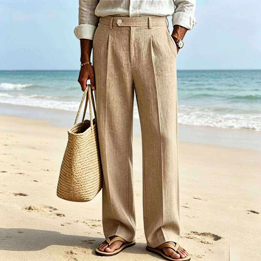 Men's Linen Beige Pants Straight Leg Trousers High Waist Pleated Lightweight Breathable Cool Summer Casual For Beach Vacation W260624