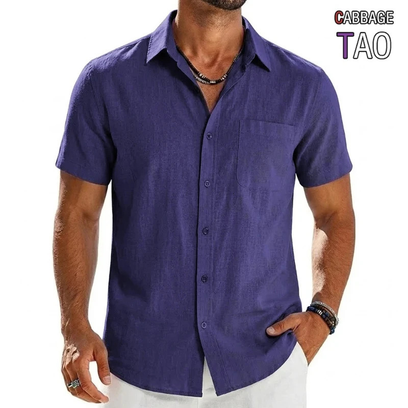 Mens Summer Solid Color Short Sleeve Tees and Premium Breathable Elegant Casual Shirts Hawaiian Inspired Cotton Linen Tops 260617